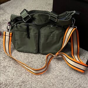 Olive Green Men's Messenger Bag with Removable Orange Accent Strap